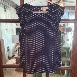 Monteau Los Angeles Navy White Polka Dot Ruffle Cap Sleeve Blouse Top Small